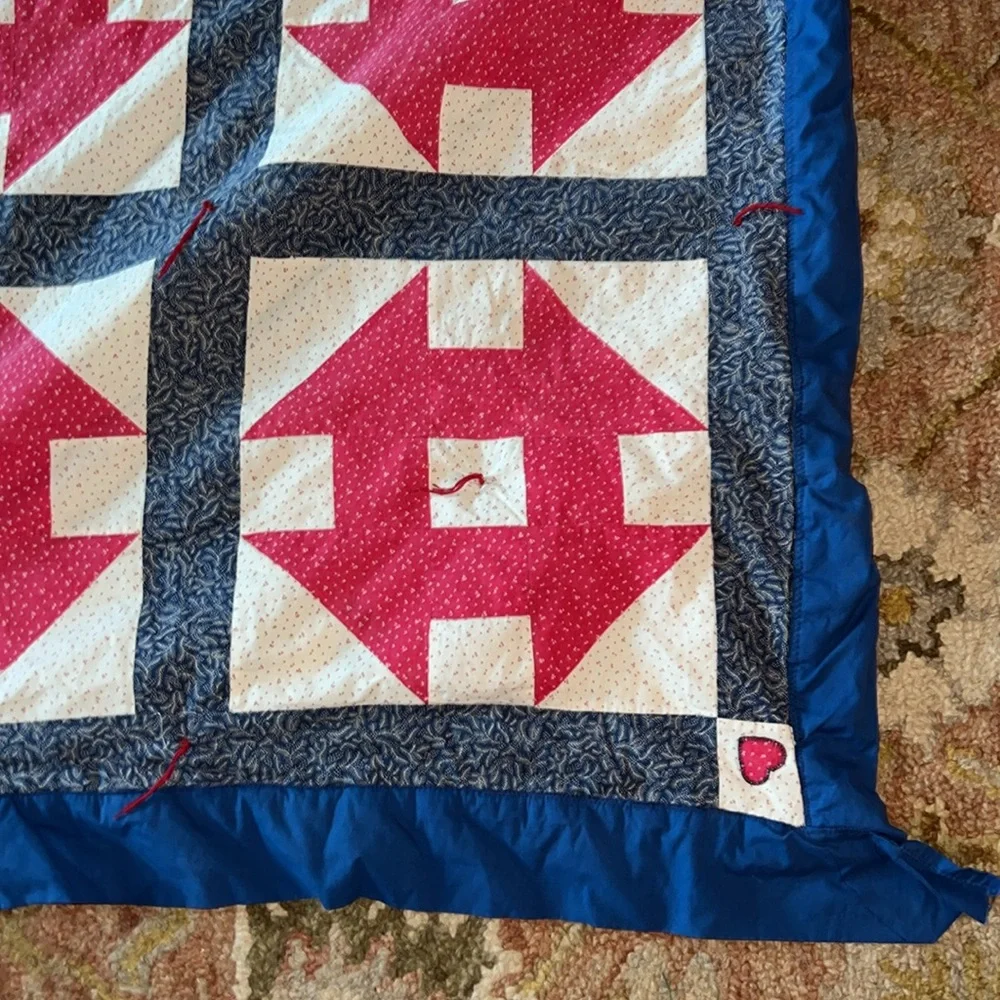 Vintage handmade Patchwork Quilt with Red and Blue Design 80” x 64”